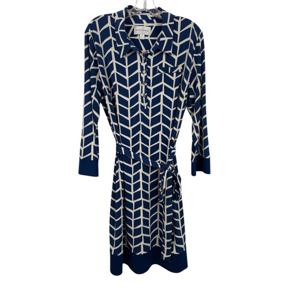 Donna Morgan Womens Size 16 Blue & Tan Chevron Dress With Belt - Picture 1 of 9